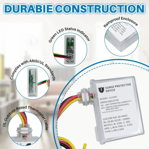 Heavy-Duty HVAC Surge Protector With TPMOV Tech and Three Modes L-G L-L L-N, Watertight Enclosure, 120/240 VAC, UL Listed.