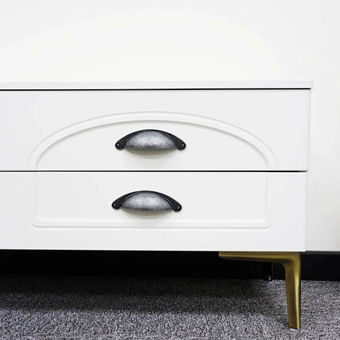 White drawer with 10 Pack 3 Inch Cabinet Cup Pulls Matte Black Swedish Iron Drawer Hardware, showcasing zinc alloy rustproof bin drawer handles.