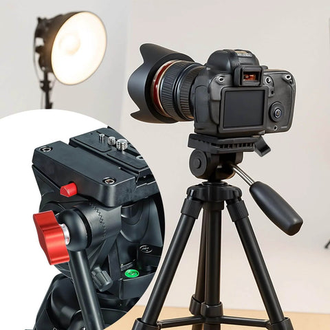 Camera on tripod with close-up inset of tripod adjustment with red handle, studio lighting in background.