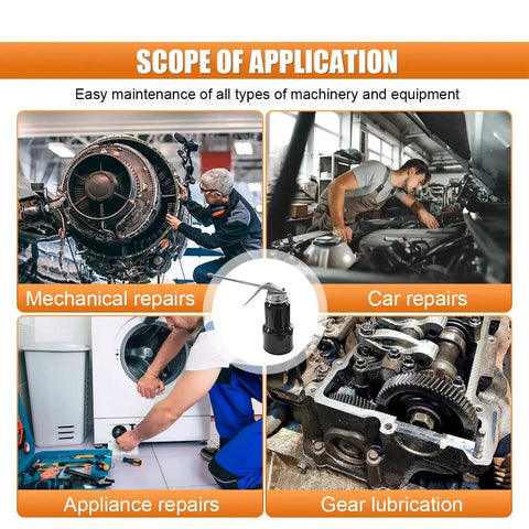 Scope of application for All Steel Pump Oiler Can With Handle 8 Oz 250 Ml Pistol Oil Spray Can, showing mechanical, car, appliance, and gear repairs.