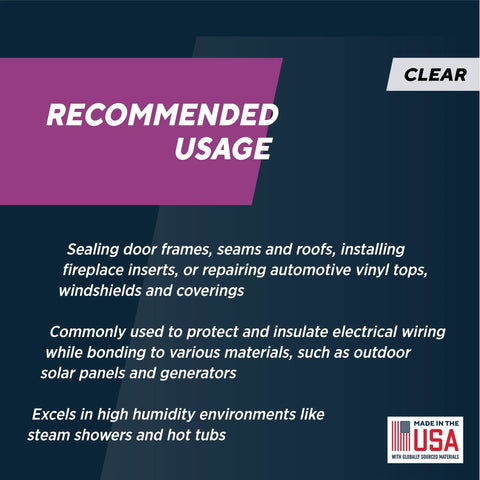 Clear RTV high-heat silicone sealant packaging with a Recommended Usage banner and Made in USA badge.