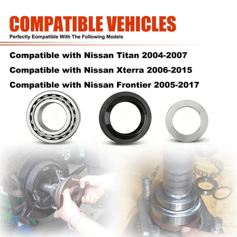 Rear Axle Shaft Wheel Bearing Inner Spacer And Oil Differential Seal Kit For Titan 2004-2007, Frontier 2005-2017, Xterra 2006-2015 Direct Replacement For 43252-7S200 And 43070-7S200 Heavy-Duty Auto Repair Set with compatibility details and parts view
