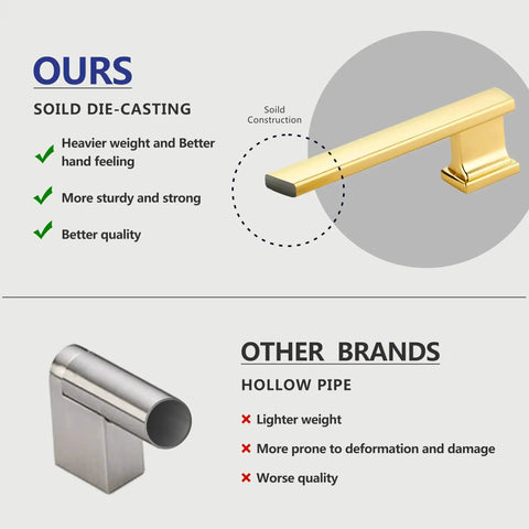 Comparison between solid brushed gold cabinet handle and hollow pipe handle from other brands