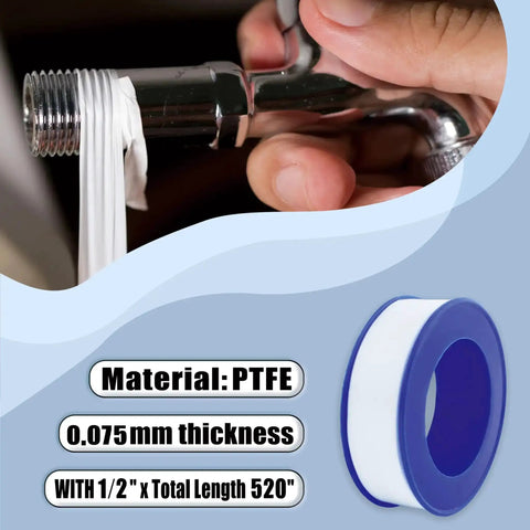 4 Rolls One Half Inch By 520 Inch PTFE Thread Seal Tape being applied to plumbing joint with focus on thickness and material.