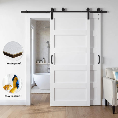 White 48 By 96 Inch Double Barn Door Set With 5 Panel MDF Sliding Doors And Six Foot Bypass Hardware Kit, shown installed.