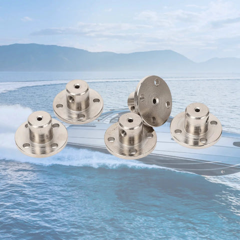Five 2mm flange coupling connectors in silver steel for RC model motor shaft coupling, with mounting holes.