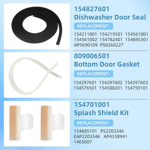 APPLIANCEMATES three dishwasher parts: 154827601 door seal (black); 809006501 bottom gasket (white); 154701001 splash shield kit (orange)