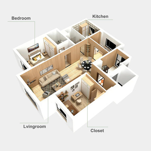 3D floor plan with labeled bedroom, living room, kitchen, and closet areas, showing furniture layout and room connections.
