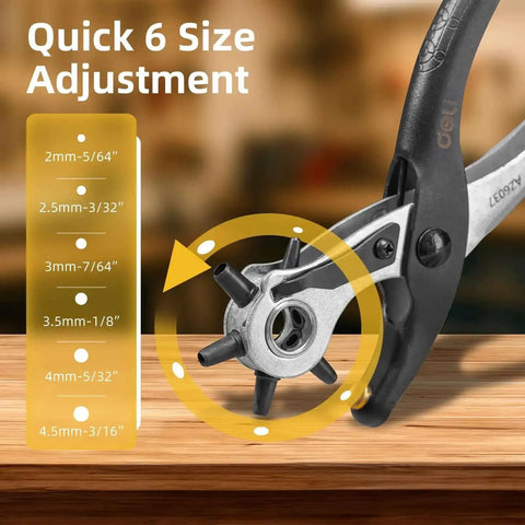 Heavy Duty 9 Inch Leather Hole Punch Tool Rotary Belt Hole Puncher With Ergonomic Non Slip Handle And Six Punch Sizes