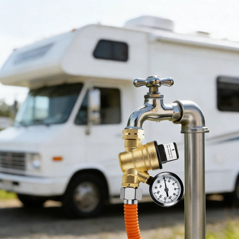 TONDA brass lead-free RV water pressure regulator with gauge and inlet screen filter on RV water line