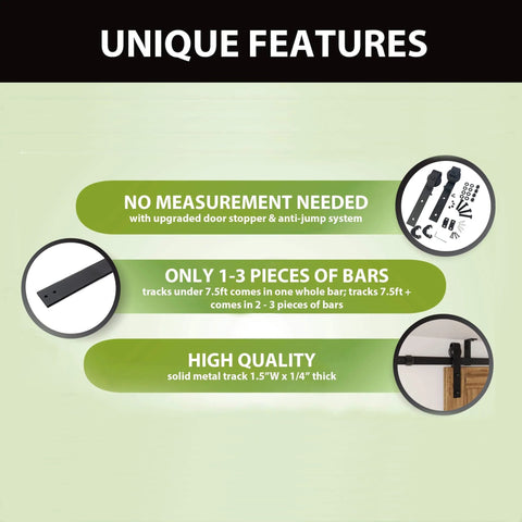 Unique features of Ceiling Mounted Sliding Barn Door Hardware Kit With Flat Track, No Clearance Limit, diagram shows durability and parts.