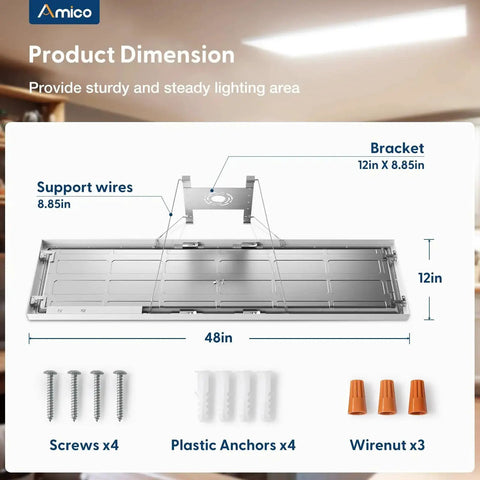 Diagram of 1x4 LED Flat Panel Light Surface Mount, brackets, screws, wire nuts, and dimensions for kitchen, garage, basement installation.