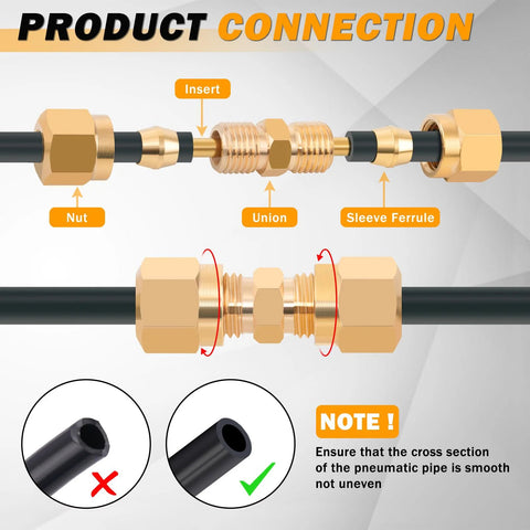 Brass DOT air brake fittings kit (86 pcs) in multiple sizes with nuts, inserts, unions and sleeve ferrules on black tubing