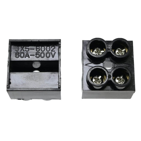 Two Pack 500V 60A Screw Terminal Block, 2 Position Dual Row Barrier Strip, top and side view, black ABS insulation, brass connectors