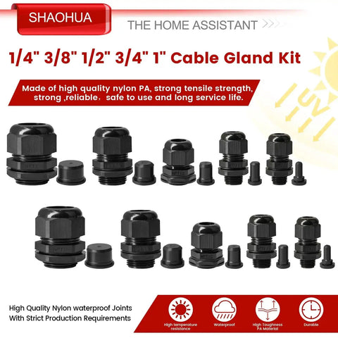 IP68 Waterproof Cable Gland Kit with 40 Pieces and NPT Sizes shown in various configurations and rubber grommets displayed.