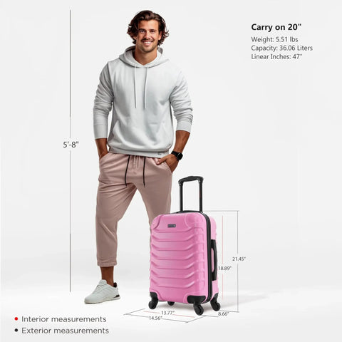 Man standing beside Durable Pink 20 Inch Carry On Lightweight Hardside Luggage With Spinner Wheels And Trolley Handle From InUSA