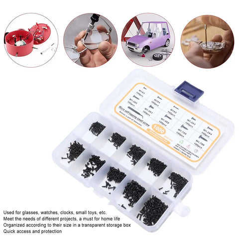 All You Need 1000 Pieces Carbon Steel Cross Pan Head Self Tapping Screws Kit with tweezers and transparent storage box