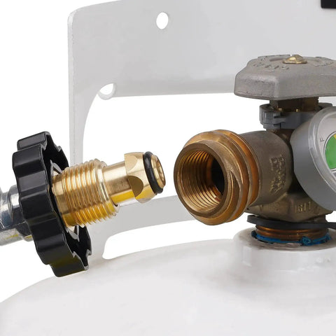 Close-up of High Pressure Adjustable Regulator With 0 To 30 PSI And 48 Inch Hose For POL Tank Connection in use.