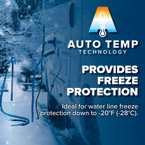 RV heated water hose with Auto Temp Technology and freeze protection to -20°F (-28°C) on a snowy RV background.