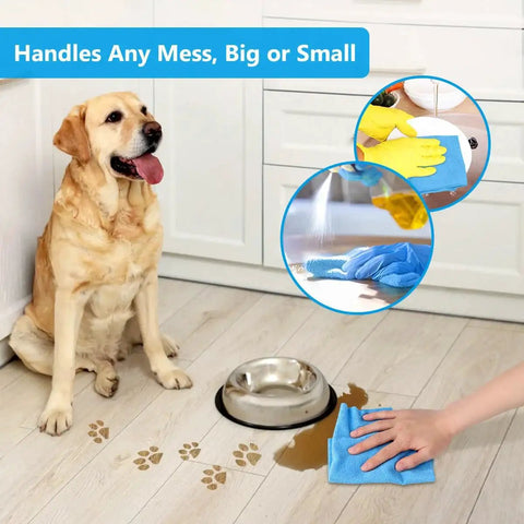 Person using Blue Microfiber Cleaning Cloths 100 Pack 11x9 Inches Ultra Absorbent Lint Free to clean dog paw prints and spills