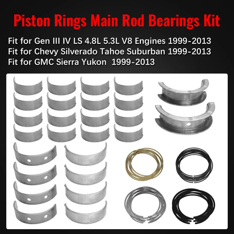 Beefy Main Rod Bearings And Piston Rings Kit For Silverado Tahoe Suburban Sierra Yukon Gen III IV LS 4.8L 5.3L 1999 2013