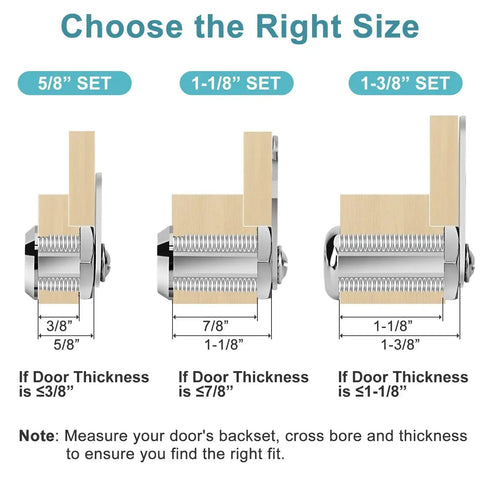 Diagram showing three cam lock sizes with measurements for door thickness in inches to fit Keyed Alike Cam Locks for cabinets and drawers.