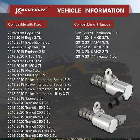 Front view of Ford F150 Mustang Explorer Edge Expedition Lincoln MKS MKT Drop In VVT Solenoid Kit For Engine Variable Valve Timing Intake And Exhaust Oil Control Valves Two Pack 2011 Through 2023 with vehicle compatibility chart.