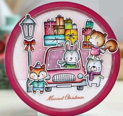 Cute Christmas scene with animals in a car, surrounded by gifts and snow, designed for festive craft projects.