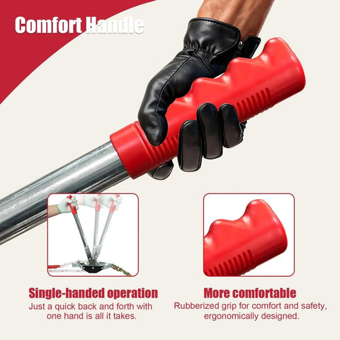 Close-up of black-gloved hand holding red handle of One and a Half Ton Rope Puller with 50 Ft 0.6 In Rope Two Hook Come Along Winch