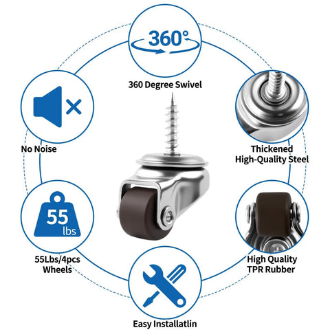 One Half Inch Small Caster Wheels Single Screw Mounting, showcasing swivel function, steel construction, rubber wheel, in 8 Pack Brown