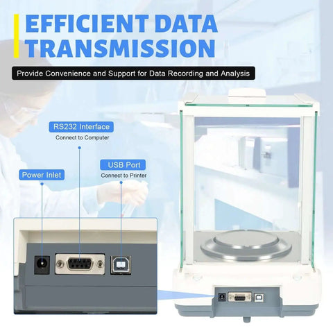 Hyper Accurate 0.0001g Analytical Balance With LCD Display 18 Units USB RS232 Interface For Schools And Labs Wind Shield Glass Cover Provides Stable Measurements Up To 0.26lb shown with connectivity options.