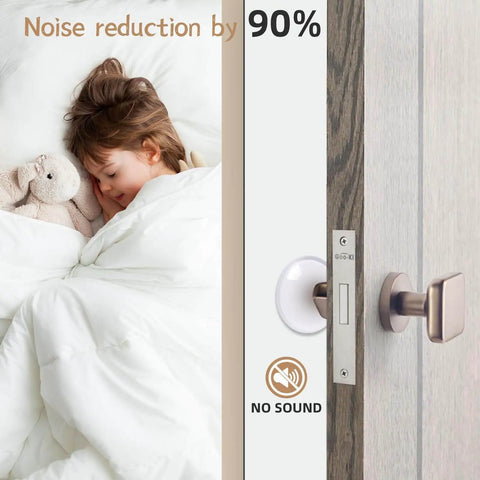 Child sleeping beside a door featuring a Six Pack Clear Silicone Door Stoppers for Walls Self Adhesive Door Bumpers to Stop Slams Round Wall Protectors 1.57 by 1.57 by 0.31 Inches Soft Pad Shields for Bedrooms and High Traffic Halls, highlighting noise reduction.