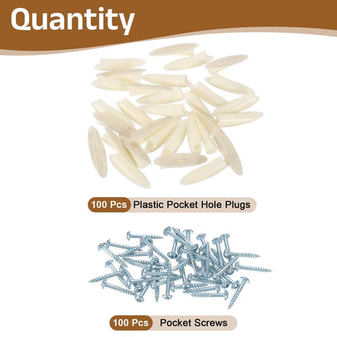 100 Pack Plastic Pocket Hole Plugs With 9mm Slant Caps And Pocket Screws For Pocket Hole Jig Woodworking Gear Beige Kit