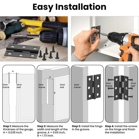 Door hinge set: 16 small black metal hinges with 96 screws for home furniture hardware