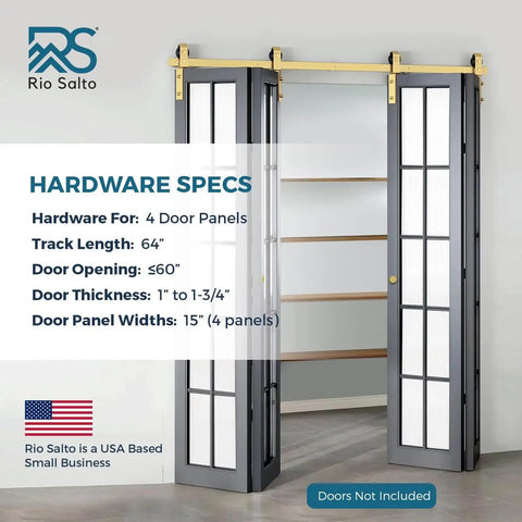 Gold Bi-Fold Barn Door Hardware Kit With Heavy Duty Metal Track System For Four Doors Installed, No Doors Included