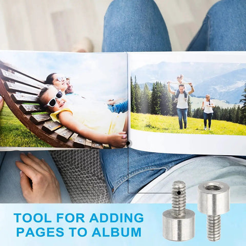 Person flipping through a photo album with stainless steel standoff spacers shown as tools for adding pages.