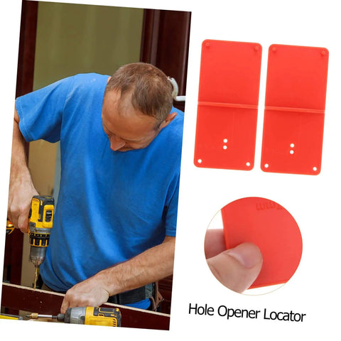 Carpentry Hinge Positioning Tool Set Pro Grade With Adjustable Hole Locator for accurate cabinet door installations, shown beside usage example.