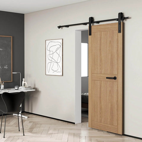 6.6ft Sliding Barn Door Hardware Kit With Heavy Duty Steel Rollers And Flat Tracks, installed on wooden door, interior view