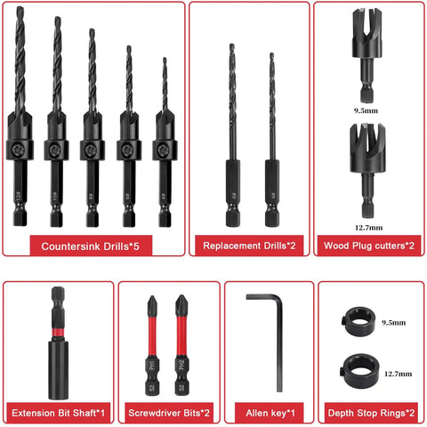 Image of All In One Countersink Drill Bit Set For Woodworking With Quick Change 15 Piece Kit including various drill bits and accessories.
