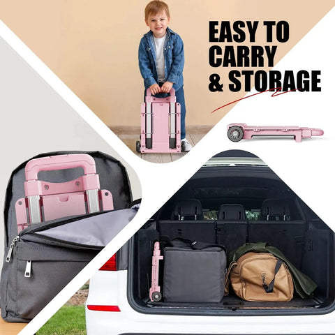 Collage of ultra lightweight foldable hand truck dolly with dual wheel tank wheels in backpack and car trunk