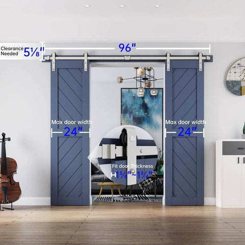 Installed Heavy Duty 8 Ft Brushed Nickel Double Sliding Barn Door Hardware Track Kit With J Pulley for two 24-inch wide doors.