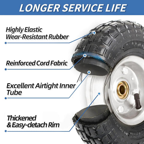 Cross-section view of 4.10/3.50-4 Inch Tire And Wheel Set, 10 Inch Pneumatic Wheel, detailing rubber, cord fabric, and inner tube.
