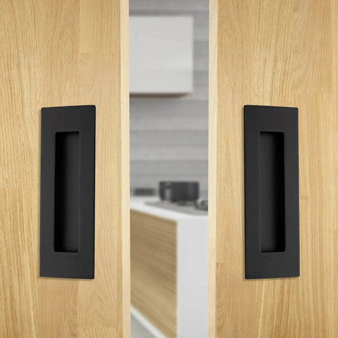 Recessed Pocket Door Pulls 6 Inch Black Stainless Steel Flush Pull Handles on wooden door for sliding doors and closets, modern hardware