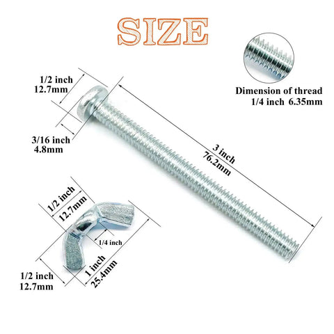 Diagram of 1/4-20 Wing Nuts And 1/4-20 X 3-Inch Phillips Head Machine Screws Kit dimensions, zinc plated.