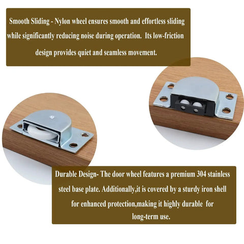 Close-up of sliding door roller wheels set with nylon wheel and iron shell electroplating finish, mounted on wood surface.