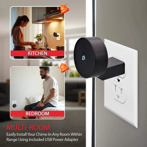 Chime plugged into wall outlet, showing versatility of 2K Video Doorbell With Chime And Rechargeable Battery