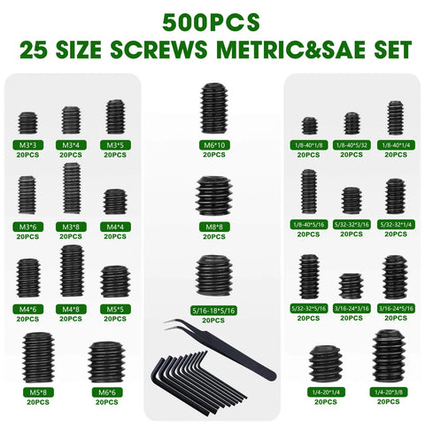 500 Piece Black Alloy Steel Set Screw Kit With Twenty Five Sizes Metric And SAE For Bathroom Fixtures And Door Handles