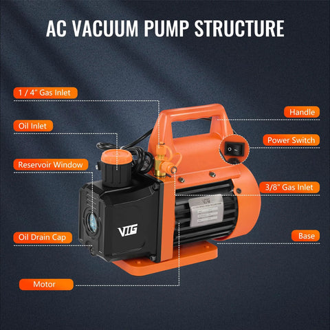 VTG vacuum pump and gauge kit for HVAC/auto, orange housing with handle; 3/8 in and 1/4 in gas inlets