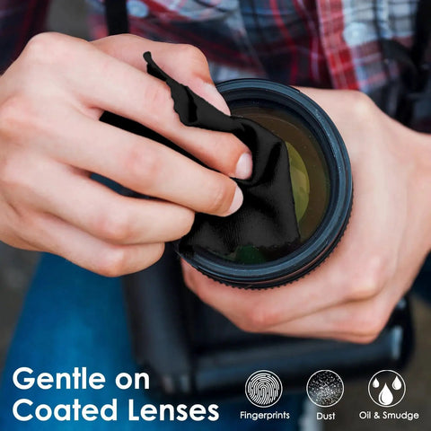 Person cleaning camera lens with black 120 Pack Two Color Microfiber Cloths 7x6 Inch For Glasses Screens Cameras Phones