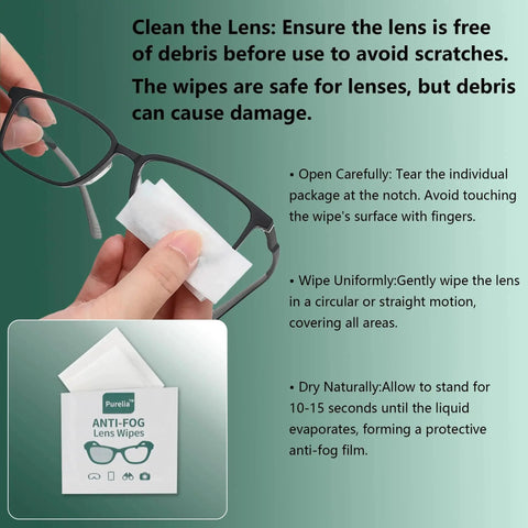 Instructions for using Anti Fog Lens Wipes For Glasses Goggles And Screens Pre Moistened 100 Count with product image.